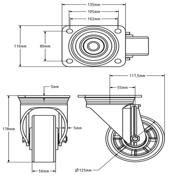 PU länkhjul 125 mm - kullager - 500 kg