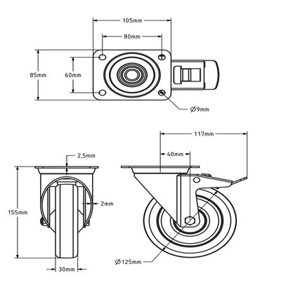 ESD Rodízio giratório em aço inoxidável com travão 125 mm - PU - 200 kg