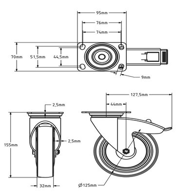 Utrustning svängbart länkhjul med broms 125 mm - kullager - 125 kg