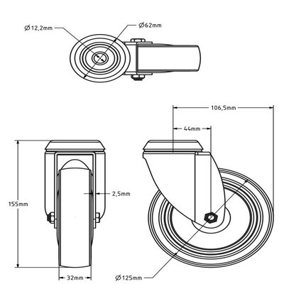 Utrustning svängbart länkhjul 125 mm - kullager - 125 kg