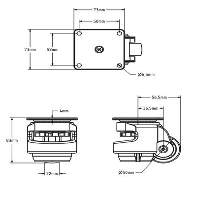 Rodízio giratório com base ajustável 50 mm - Nylon - placa - 170 kg