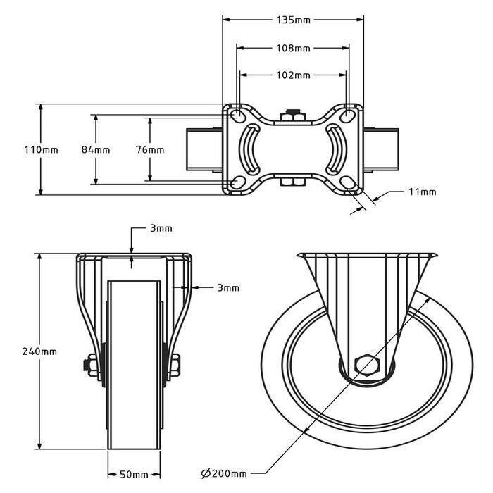 Rubber fixed caster 200 mm - ball bearing - 400 kg
