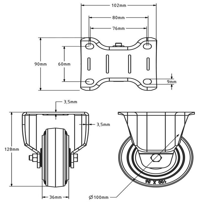 Roda fixa de borracha azul reforçada 100 mm - rolamento de rolos - 180 kg