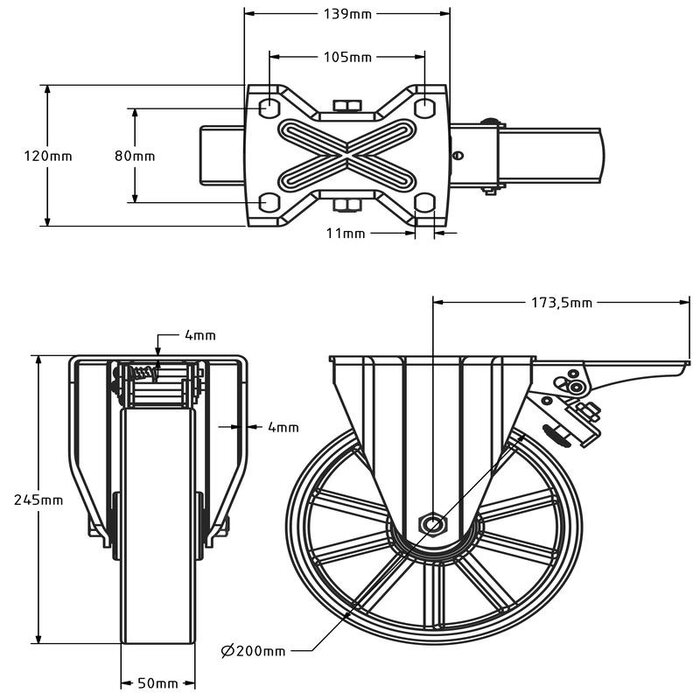 PU fastmontert hjul med brems 200 mm - kulelager - 900 kg