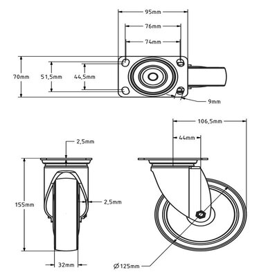 Utrustning svängbart länkhjul 125 mm - kullager - 125 kg