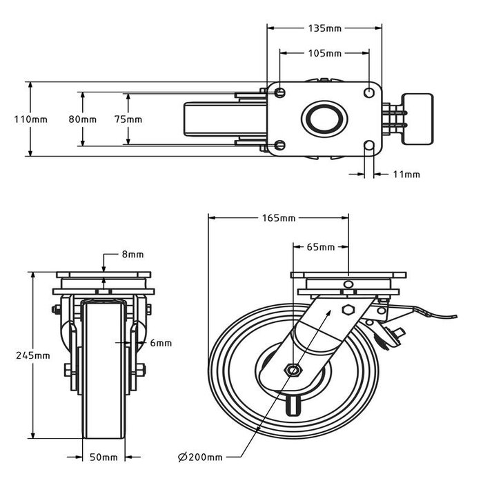 Rueda giratoria de PU con freno de 200 mm - cojinete de bolas - 1000 kg
