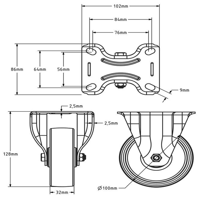 Rodízio fixo de nylon 100 mm - rolamento de rolos - 200 kg
