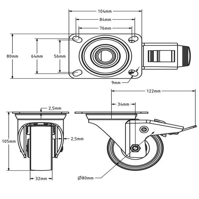 Roda giratória de nylon com travão 80 mm - rolamento de rolos - 125 kg