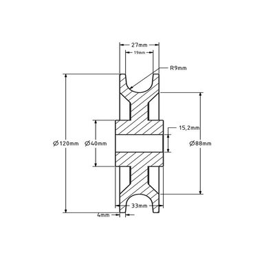 Puleggia in plastica da 120 mm con scanalatura a U - 300 kg