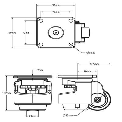 Rodízio giratório com base ajustável 63 mm - Nylon - placa - 340 kg