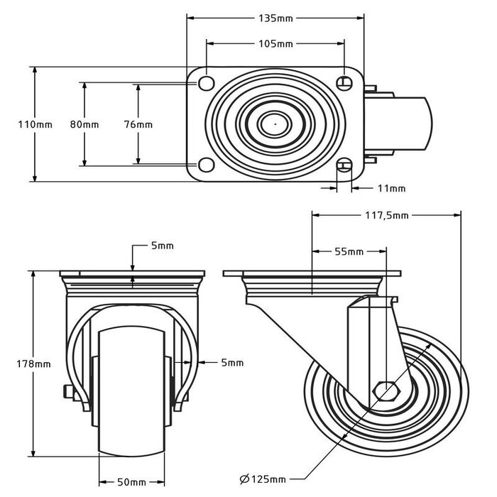 Tungt svingbart hjul i nylon 125 mm - 700 kg