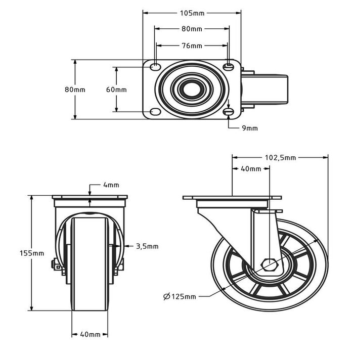 Rueda giratoria de PU de 125 mm - cojinete de bolas - 350 kg
