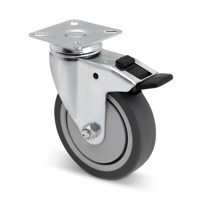 Roda giratória de borracha com travão 100 mm - placa - 80 kg