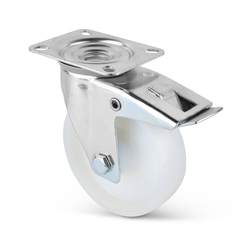 Svingbart hjul av nylon med brems 150 mm - rullelager - 300 kg