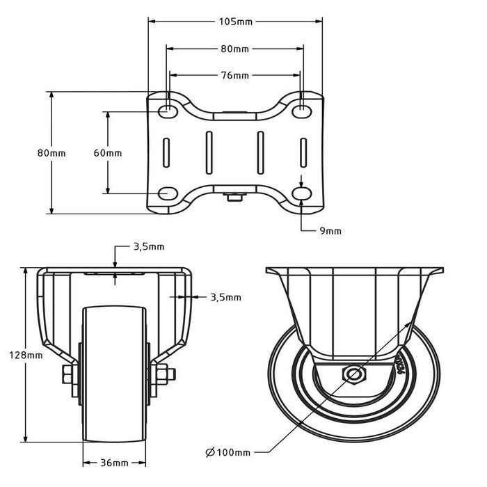 Rubber fixed wheel 100 mm - ball bearing - 150 kg