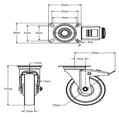 Rodízio giratório em PU com travão 125 mm - 200 kg