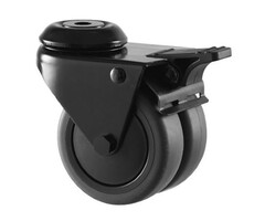 Roda giratória dupla preta com travão 75 mm - 100 kg
