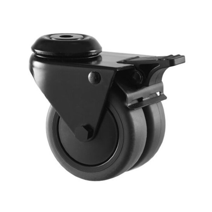 Roda giratória dupla preta com travão 75 mm - furo para parafuso - 100 kg