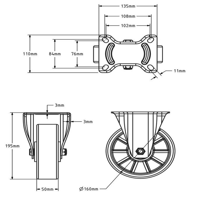 Ruota fissa in PU 160 mm - cuscinetto a sfere - 350 kg