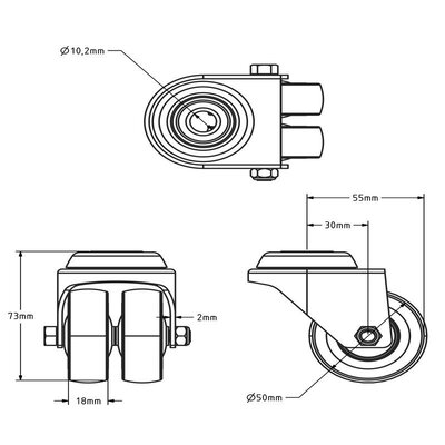 Rodízio duplo giratório 50 mm - rolamento de esferas - furo para parafuso - 80 kg