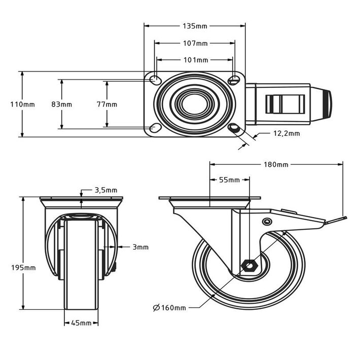 PU-drejehjul med bremse 160 mm - 300 kg