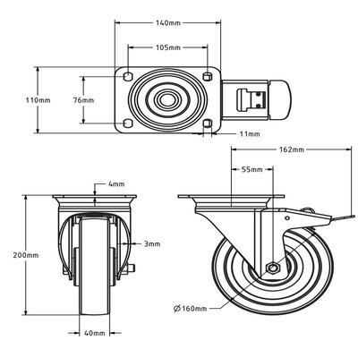 Rodízio giratório em PU com travão 160 mm - rolamento de esferas - 350 kg