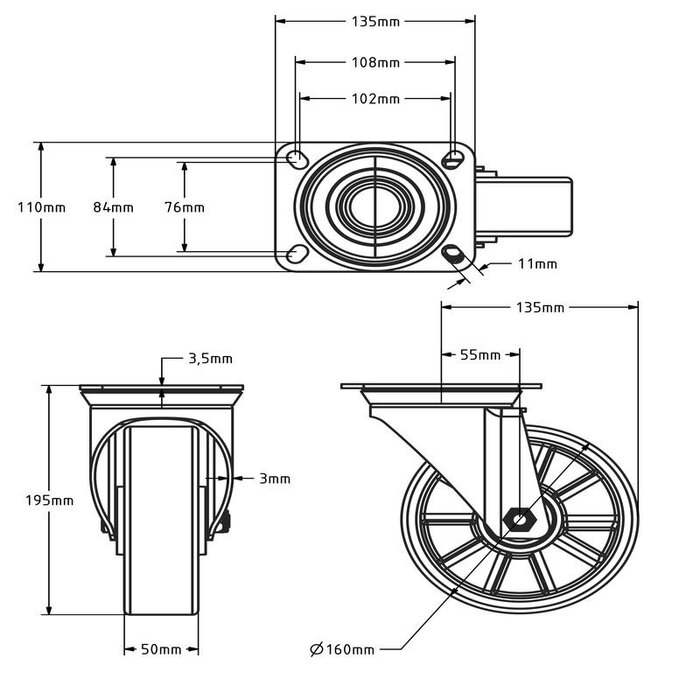 PU-svinghjul 160 mm - kulelager - 350 kg