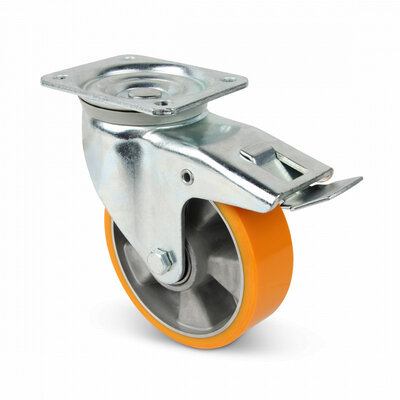 Roda giratória em PU com travão 125 mm - rolamento de esferas - 500 kg