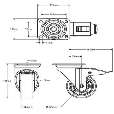 Roda giratória em PU com travão 125 mm - rolamento de esferas - 500 kg