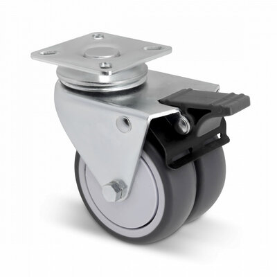 Rodízio duplo com travão 75 mm - rolamento de esferas - placa - 100 kg