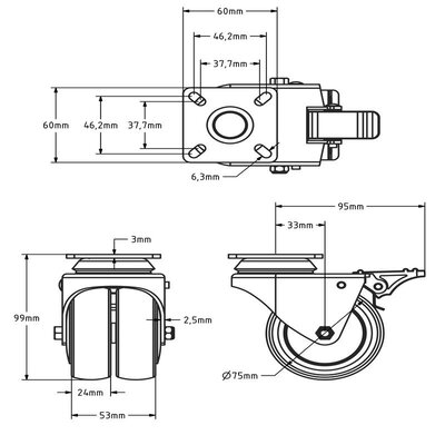 Rodízio duplo com travão 75 mm - rolamento de esferas - placa - 100 kg