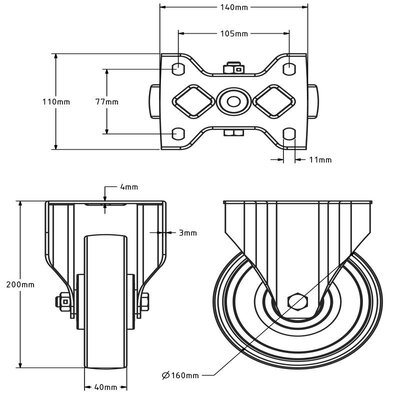 Roulette fixe en acier inoxydable pour usage intensif 160 mm - Nylon - 700 kg