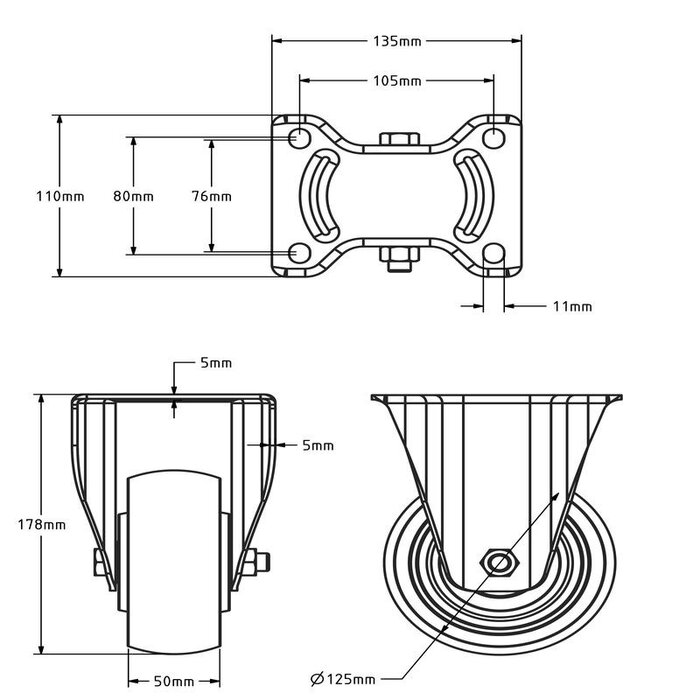 Rodízio fixo de nylon para trabalhos pesados 125 mm - 700 kg