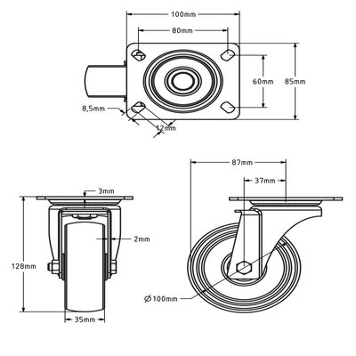 Rueda giratoria resistente al calor de 100 mm - 125 kg