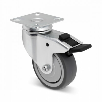Roda giratória de borracha com travão 75 mm - rolamento de esferas - 60 kg