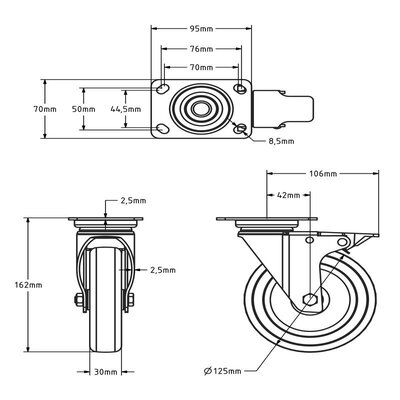 Rodízio giratório em aço inox com travão 125 mm - Borracha - 100 kg