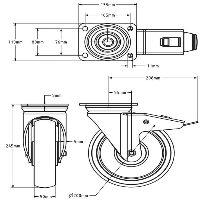 Rueda giratoria de nailon de alta resistencia con freno 200 mm - 1000 kg