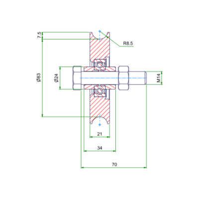 Roda ranhurada 98 mm com ranhura em U - 220 kg