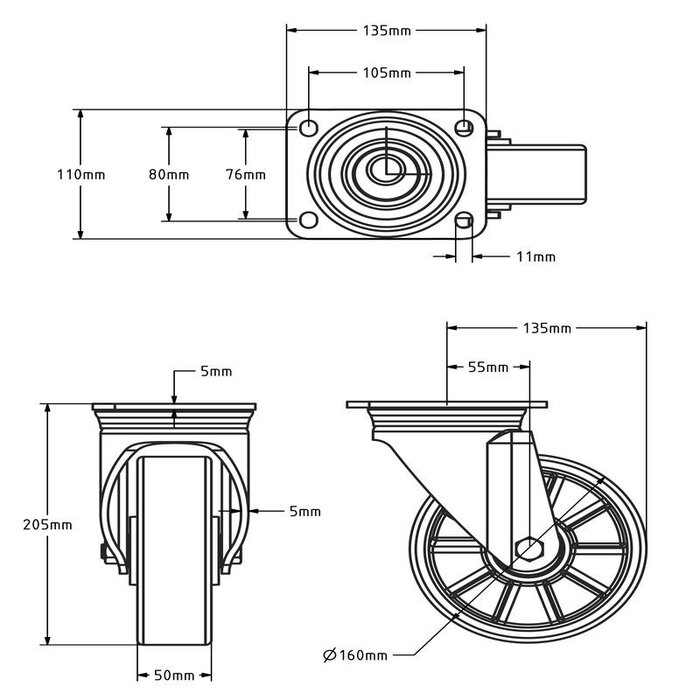 PU-svinghjul 160 mm - kulelager - 800 kg