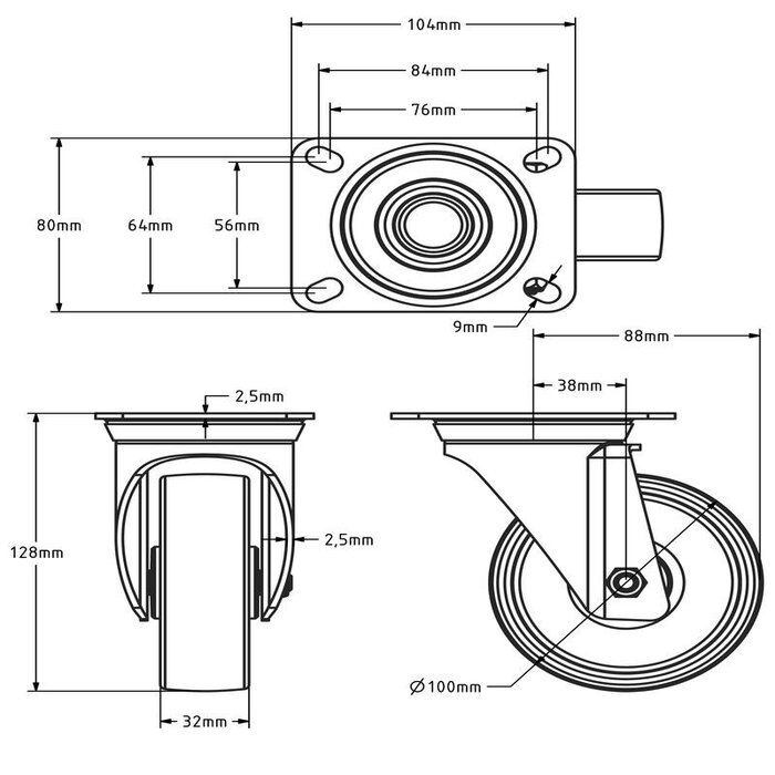 Nylon swivel castor 100 mm - roller bearing - 200 kg