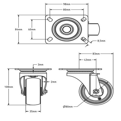 Värmebeständigt svängbart länkhjul 80 mm - 100 kg