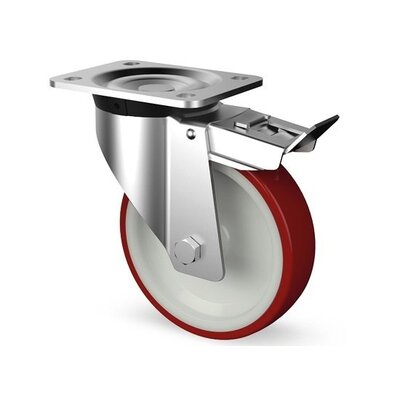 Rodízio giratório em aço inoxidável com travão 125 mm - PU - rolamento de rolos - 350 kg