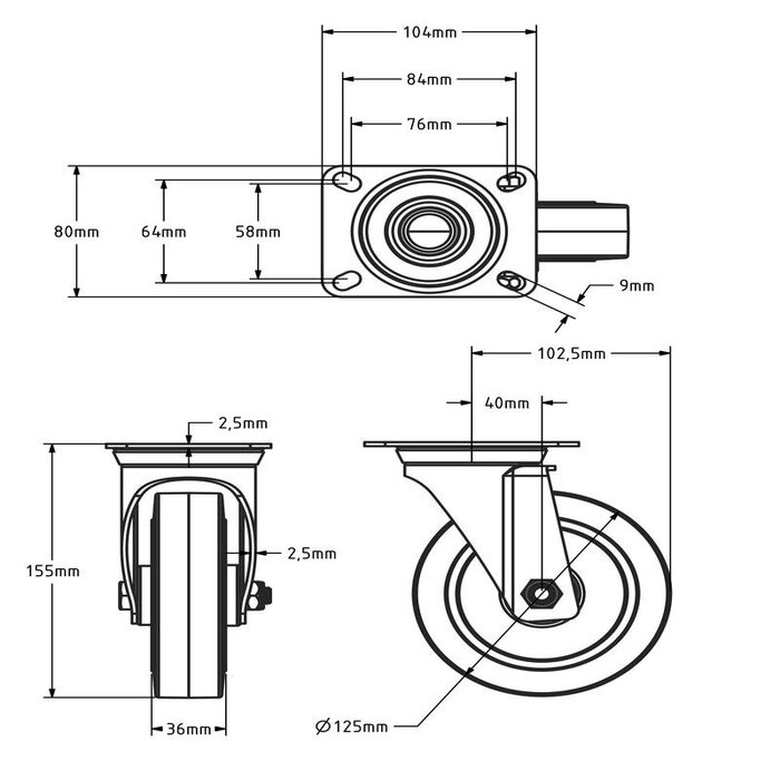 Roulette pivotante en caoutchouc 125 mm - roulement à rouleaux - 220 kg