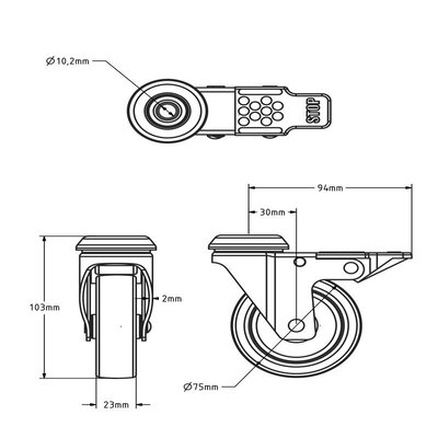 Rodízio giratório em aço inox com travão 75 mm - Borracha - 60 kg