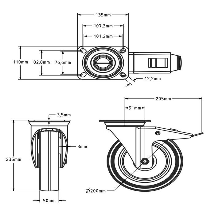 Svingbart hjul i nylon med brems 200 mm - rullelager - 350 kg