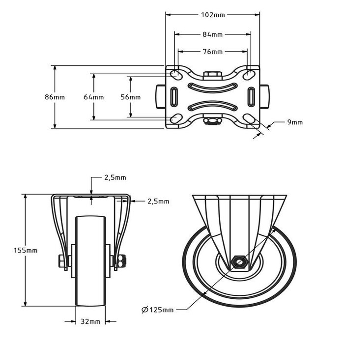 PU länkhjul 125 mm - 200 kg
