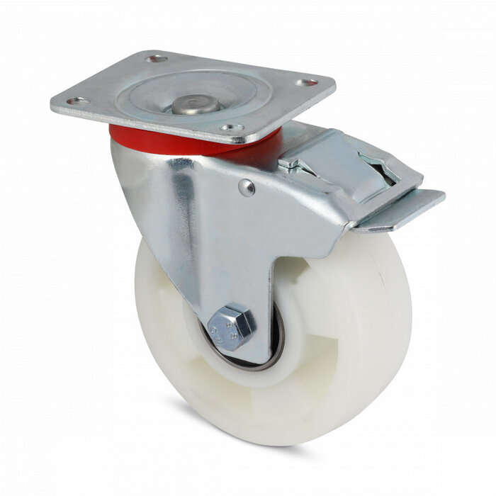 Ruota girevole in nylon con freno 100 mm - cuscinetto a sfere - 300 kg