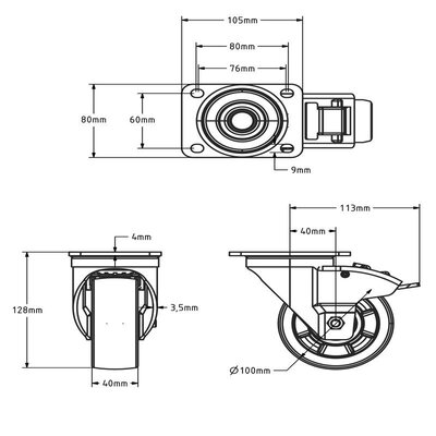 Roda giratória de nylon com travão 100 mm - rolamento de esferas - 300 kg