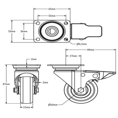 Rueda giratoria de acero inoxidable con freno de 60 mm - Caucho - 40 kg