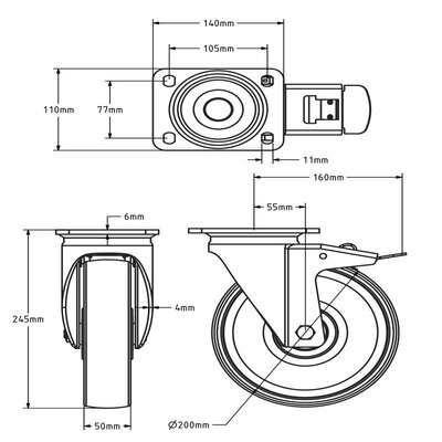 Roda giratória de nylon com travão 200 mm - rolamento de esferas - 800 kg